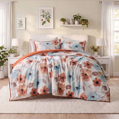Reversible Floral Bedding Set, Cozy Botanical Flowers Seersucker Comforter Bed Set with Sheets and Pillowcases