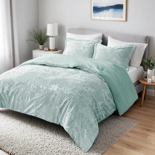 3 Piece Crushed Velvet Sherpa Bedding Set, Reversible Comforter Set