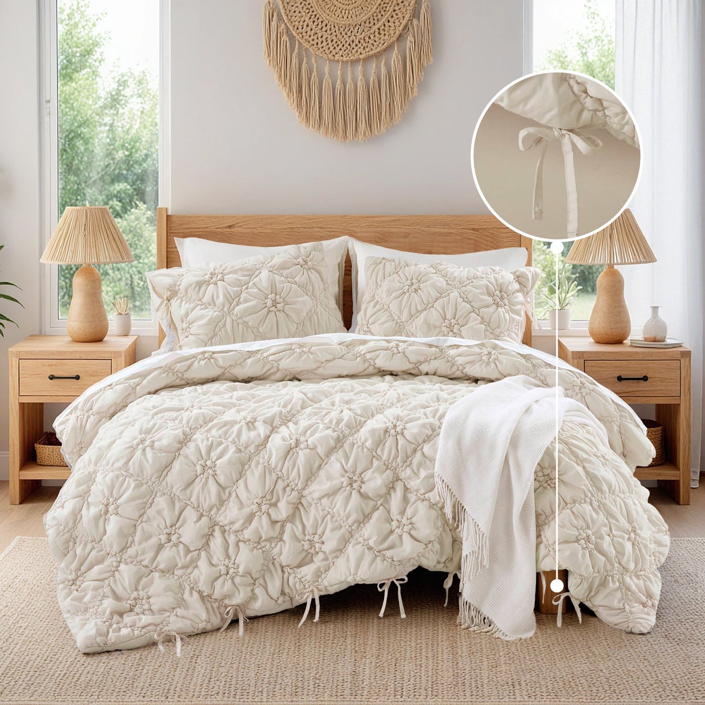 Floral Puffy Bow Tie Bedding Set, Comforter Set with Sham
