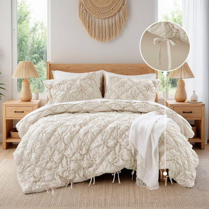 Floral Puffy Bow Tie Bedding Set, Comforter Set with Sham