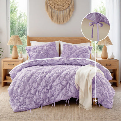 Floral Puffy Bow Tie Bedding Set, Comforter Set with Sham
