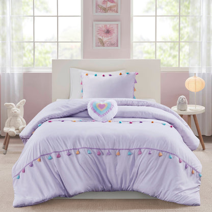 4 Piece Colorful Tassel Kid's Bedding Set, Comforter Set with Heart Shaped Throw Pillow
