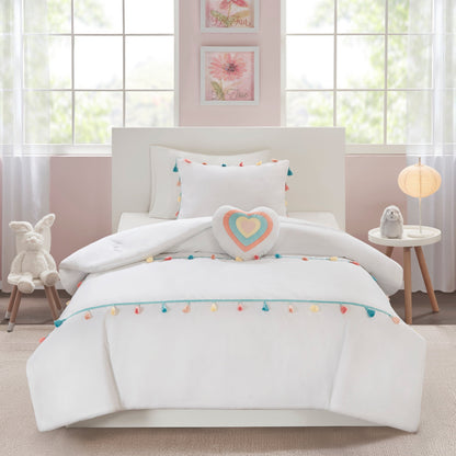4 Piece Colorful Tassel Kid's Bedding Set, Comforter Set with Heart Shaped Throw Pillow