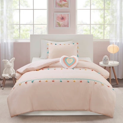 4 Piece Colorful Tassel Kid's Bedding Set, Comforter Set with Heart Shaped Throw Pillow