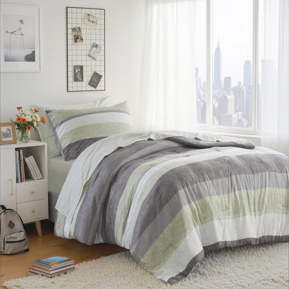Stripe Comforter Set Bed in a Bag Bedding Set for Dorm Room, Comforter Bed Set with Flat Sheet and Fitted Sheet