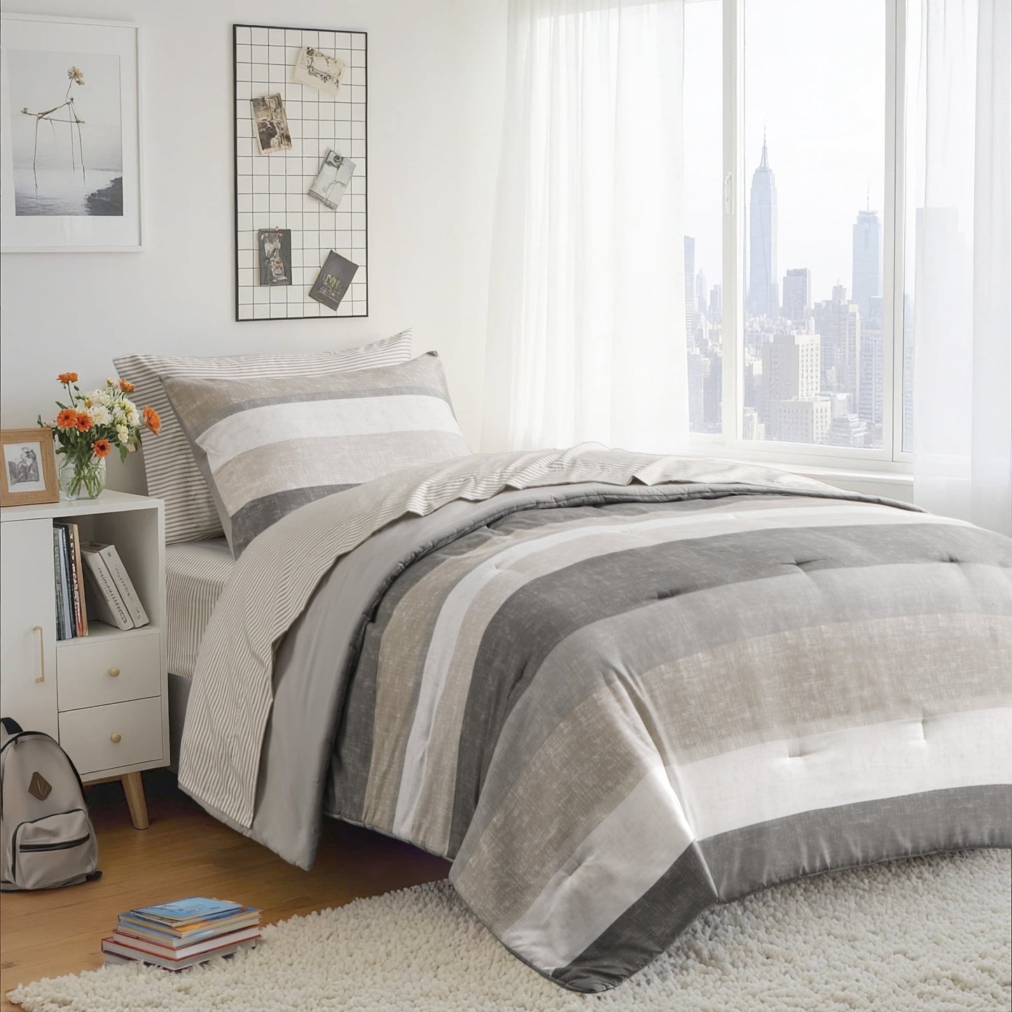 Stripe Comforter Set Bed in a Bag Bedding Set for Dorm Room, Comforter Bed Set with Flat Sheet and Fitted Sheet