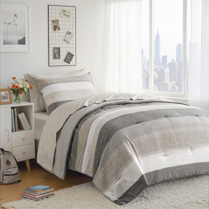 Stripe Comforter Set Bed in a Bag Bedding Set for Dorm Room, Comforter Bed Set with Flat Sheet and Fitted Sheet