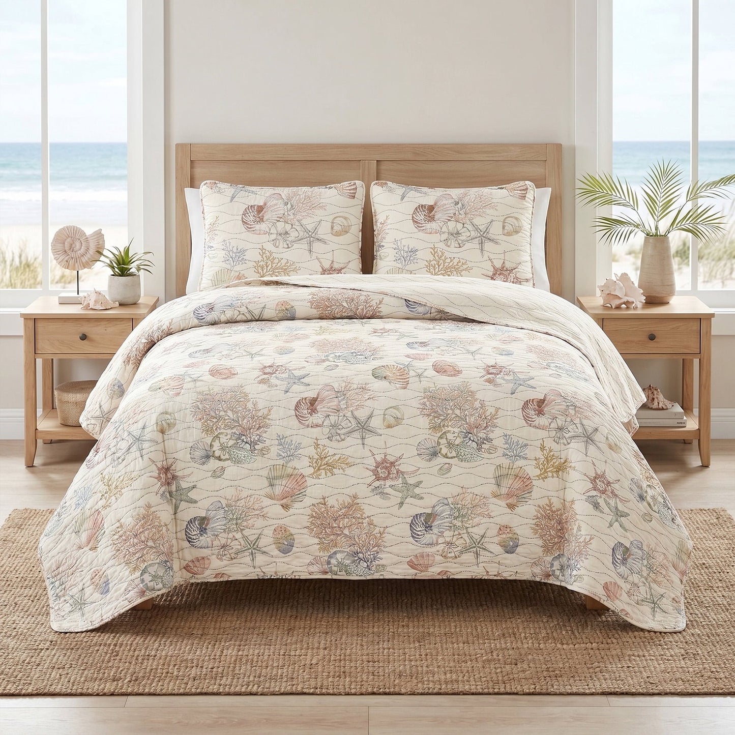 Coastal Comforter Set with Shams, Beach Themed Starfish & Seaweed Printed Comforter