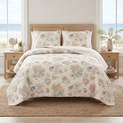 Coastal Comforter Set with Shams, Beach Themed Starfish & Seaweed Printed Comforter