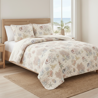 Coastal Comforter Set with Shams, Beach Themed Starfish & Seaweed Printed Comforter