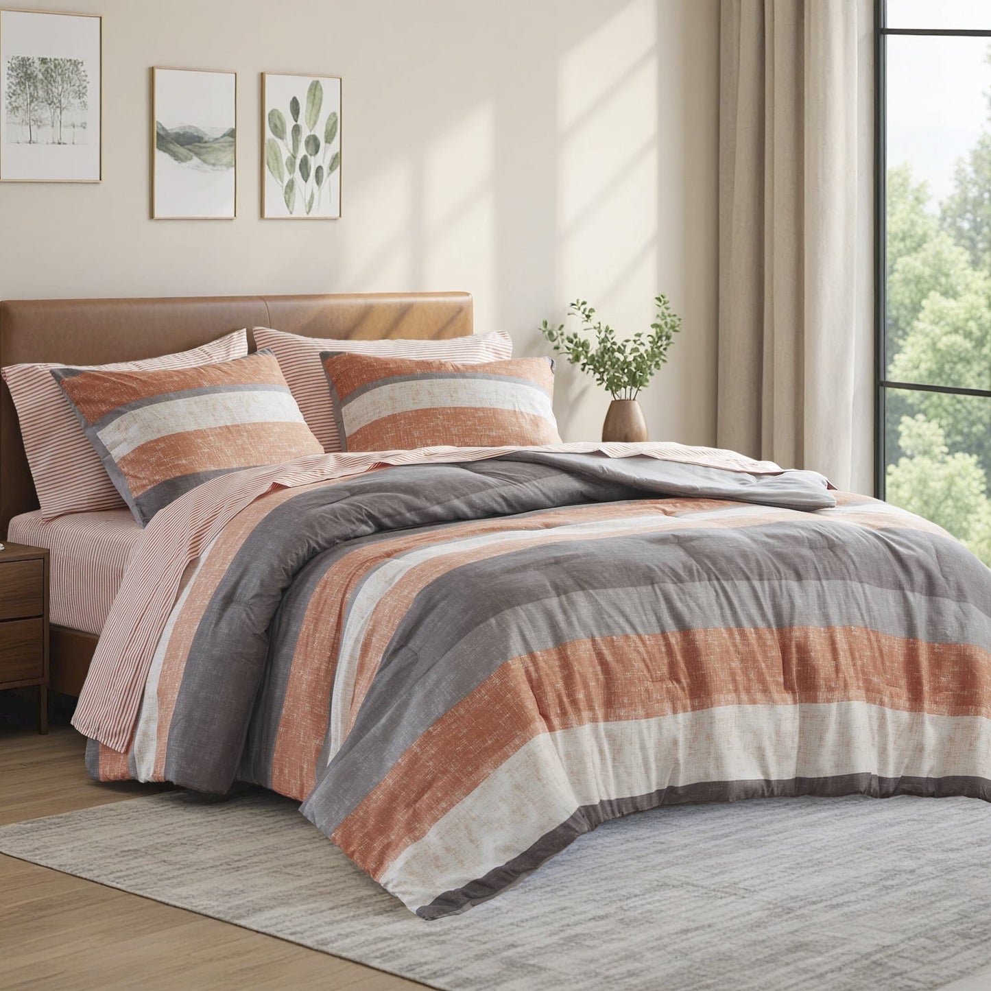 Stripe Comforter Set Bed in a Bag Bedding Set for Dorm Room, Comforter Bed Set with Flat Sheet and Fitted Sheet