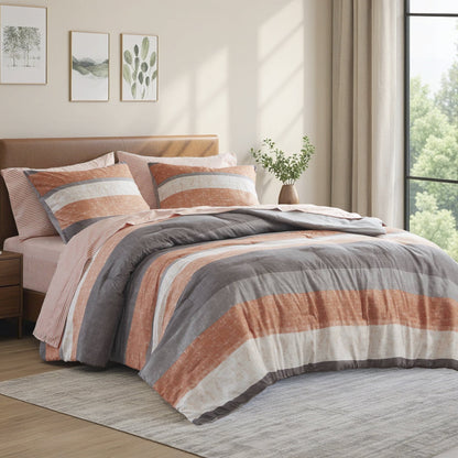 Stripe Comforter Set Bed in a Bag Bedding Set for Dorm Room, Comforter Bed Set with Flat Sheet and Fitted Sheet