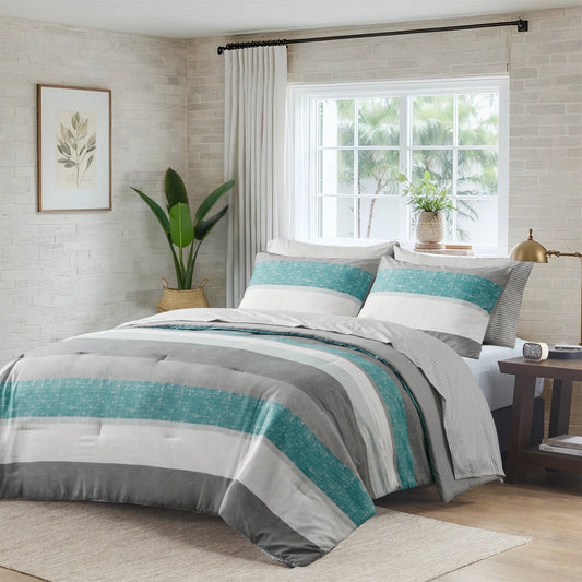 7 Piece Stripe Comforter Set Bed in a Bag Bedding Set for Dorm Room, Comforter Bed Set with Flat Sheet and Fitted Sheet