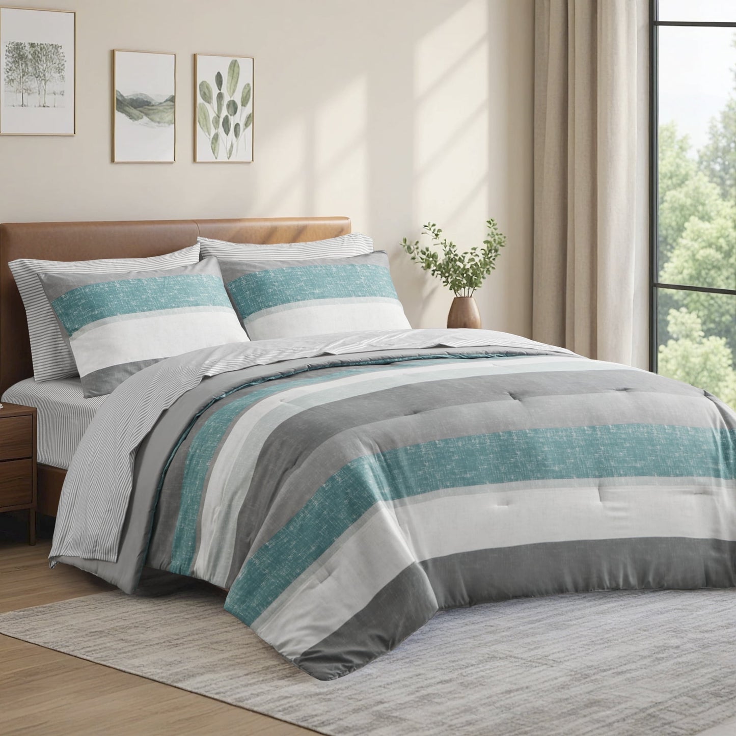 Stripe Comforter Set Bed in a Bag Bedding Set for Dorm Room, Comforter Bed Set with Flat Sheet and Fitted Sheet