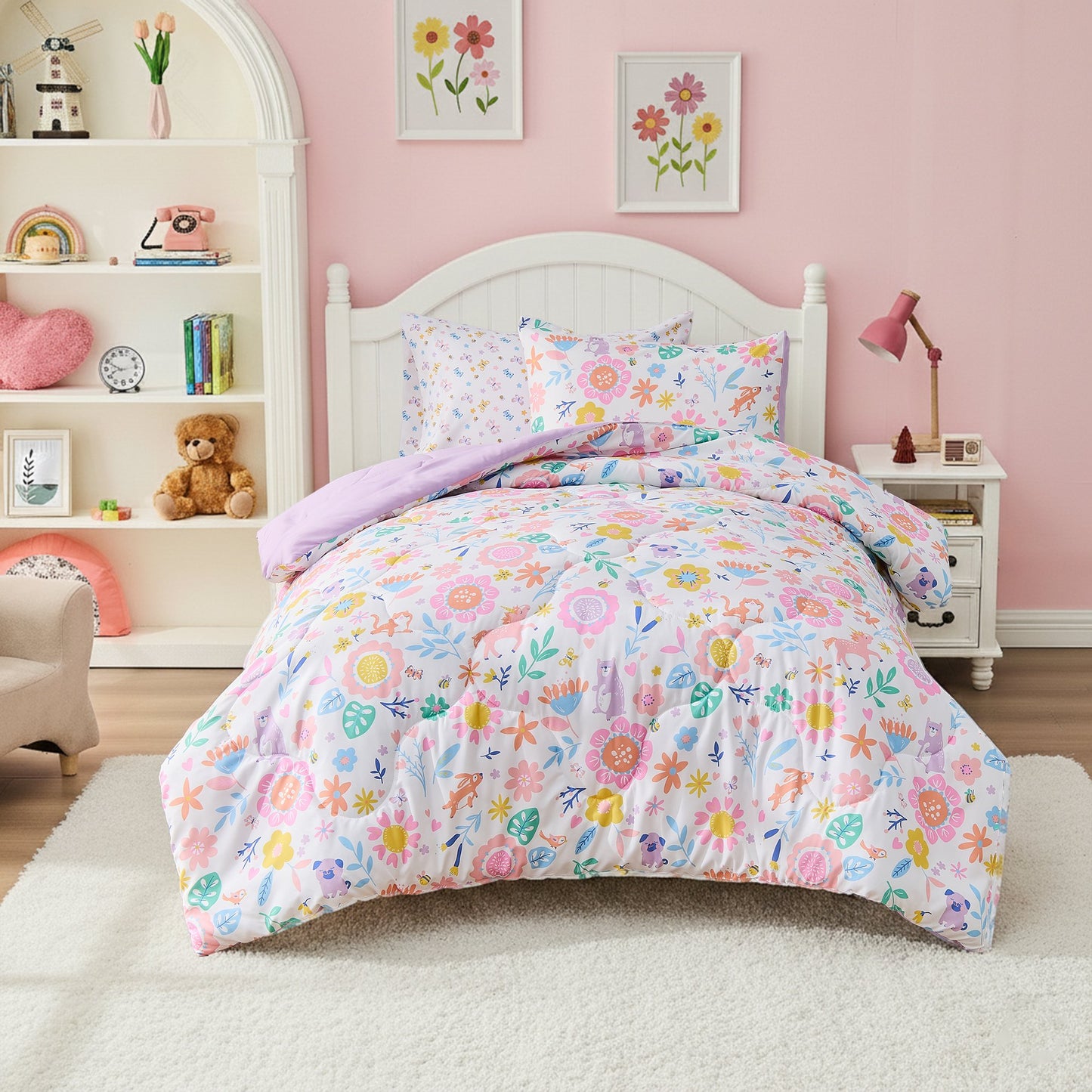 Colorful Dreamy Pink Floral Bedding Comforter with Sheet Set