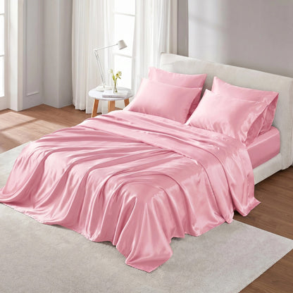 Satin Silky Bedding Sheet Set, Silky Sheen and Cloud-Soft Bed Sheet with Deep-Pocket Fitted Sheet