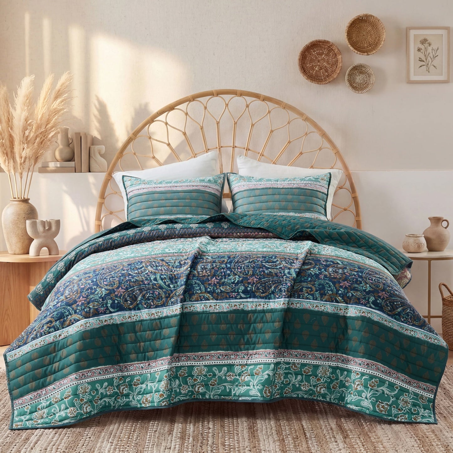 Boho Floral Reversible Patchwork Quilt Set with Pillowcases
