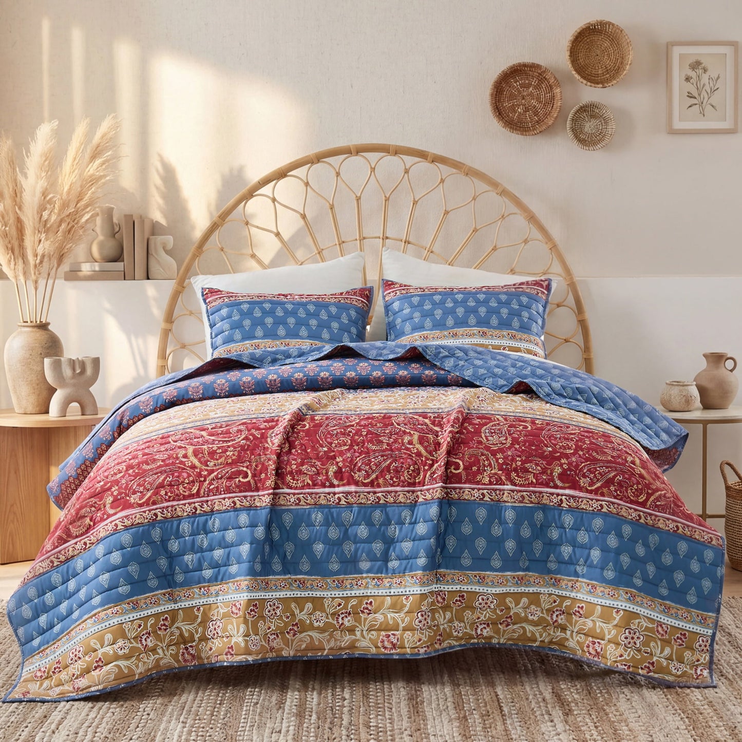 Boho Floral Reversible Patchwork Quilt Set with Pillowcases
