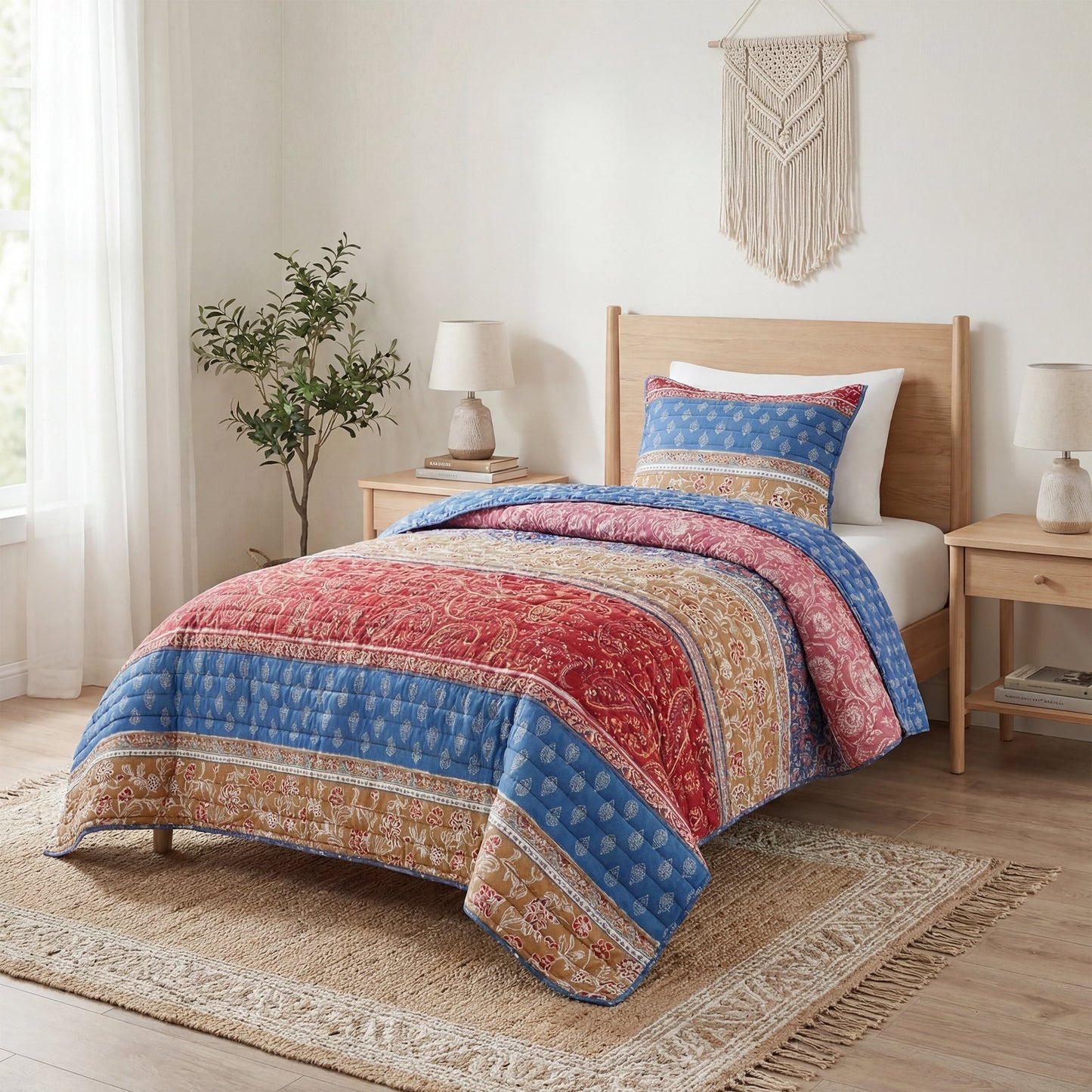 Boho Floral Reversible Patchwork Quilt Set with Pillowcases
