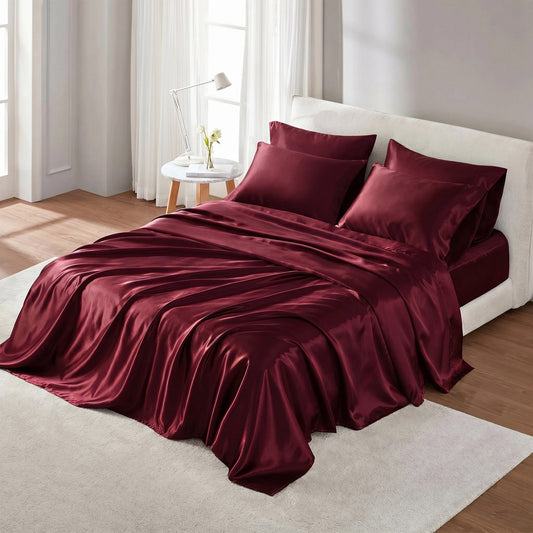 Satin Silky Bedding Sheet Set, Silky Sheen and Cloud-Soft Bed Sheet with Deep-Pocket Fitted Sheet