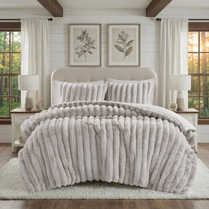 Faux Fur Fluffy Ribbed Bedding Comforter Set
