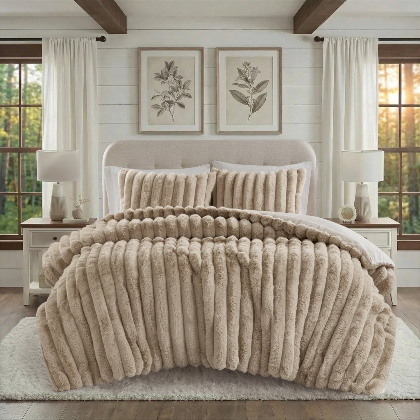 Faux Fur Fluffy Ribbed Bedding Comforter Set