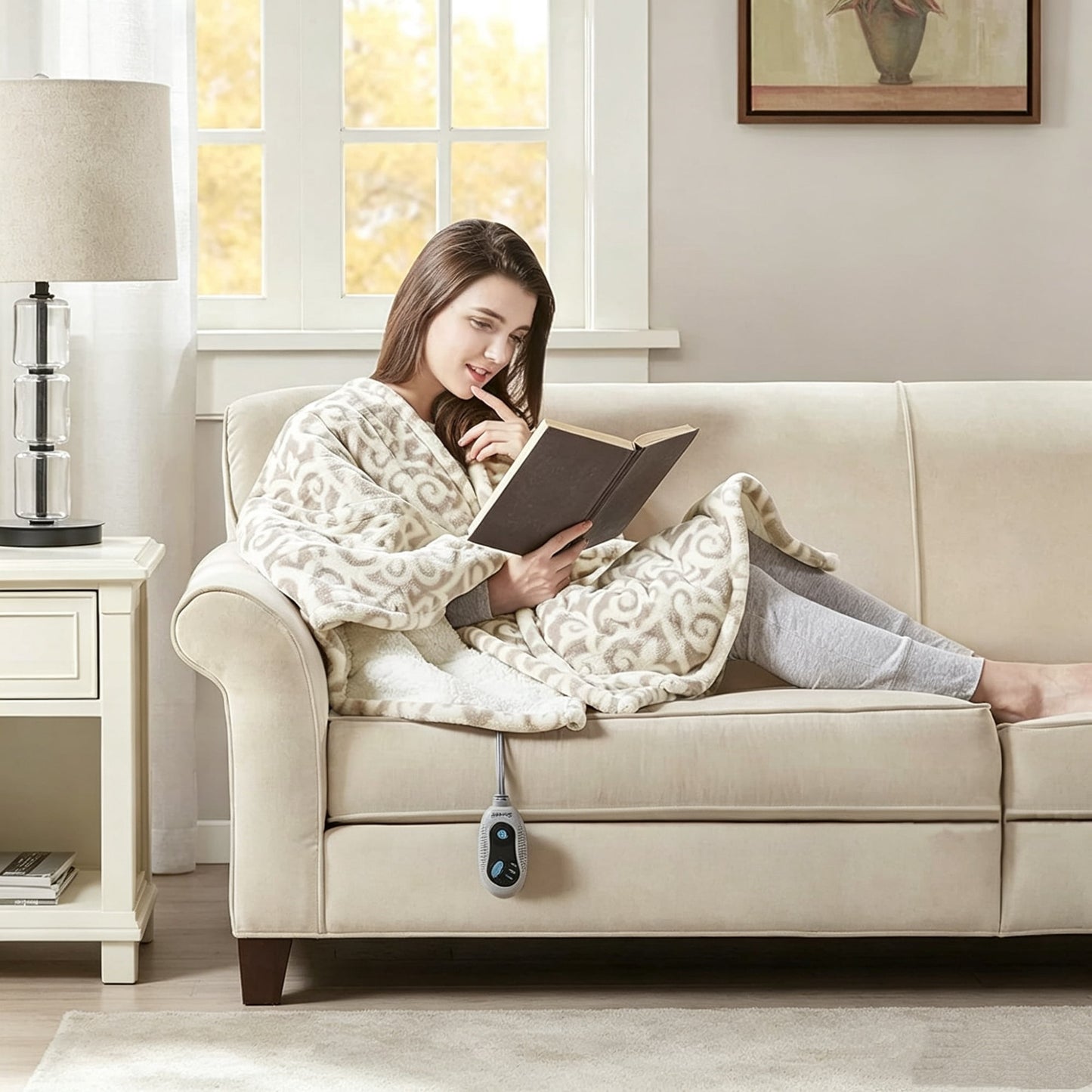 Heated Berber Wrap Damask Sherpa Snuggle Electric Throw Blanket