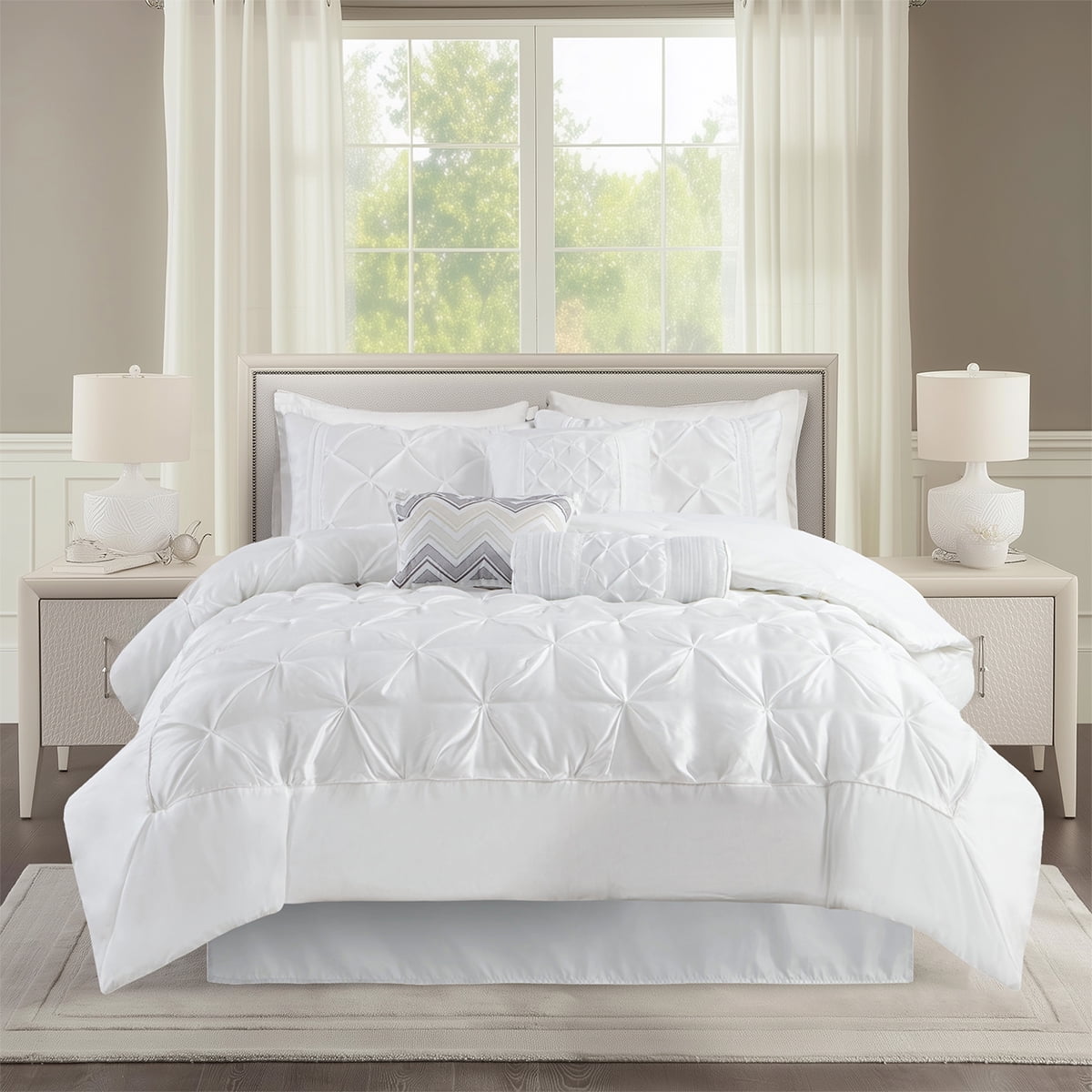 Tufted Pintuk Bed in a Bag Bed Set, Satin Luxury Grey Comforter Bedding Set with Decor Pillow