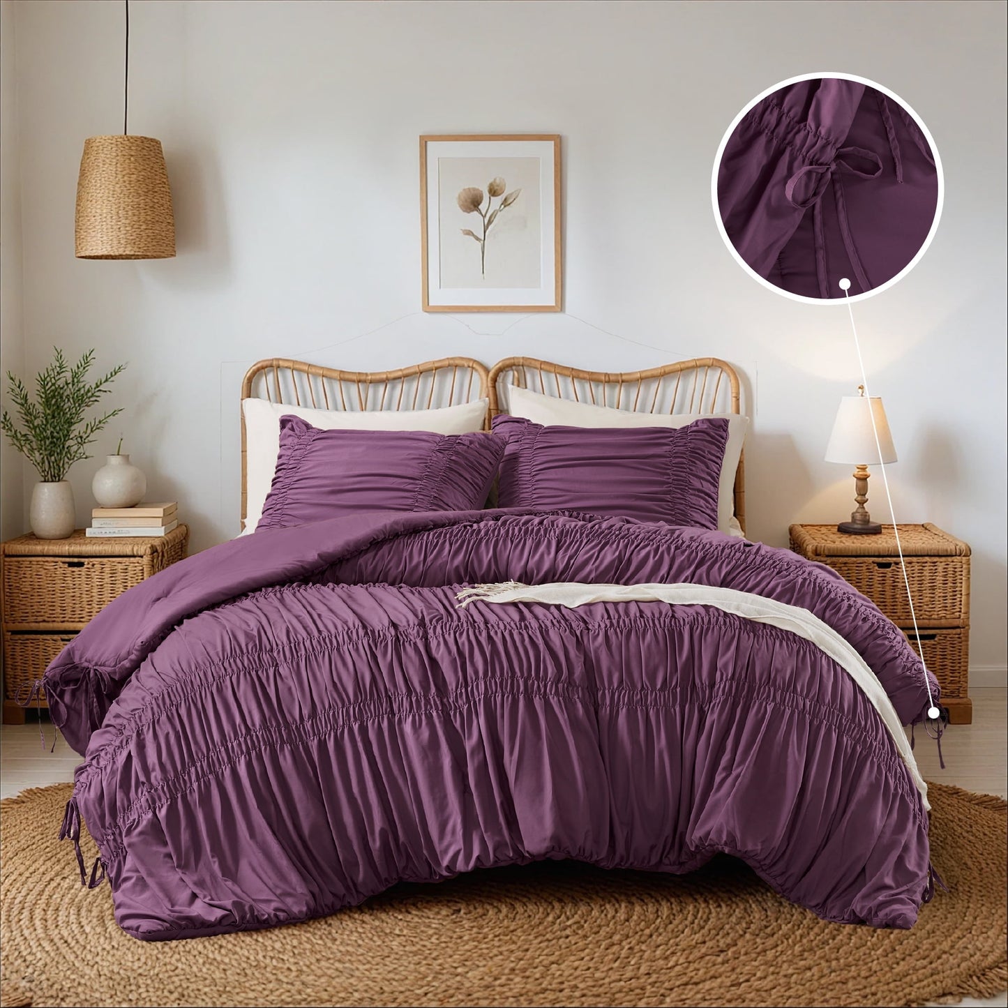 Romantic French Country Ruched Plush Comforter Set with Bow Ties