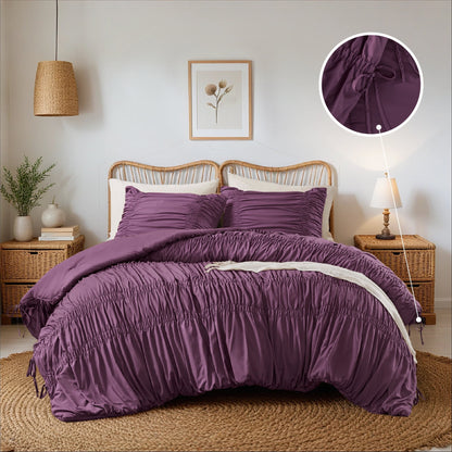 Romantic French Country Ruched Plush Comforter Set with Bow Ties