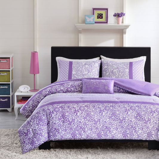 Comforter Sets 4-Piece Floral Kids Bed Sets for All Season Purple Bedding Comforter Sets for Girls