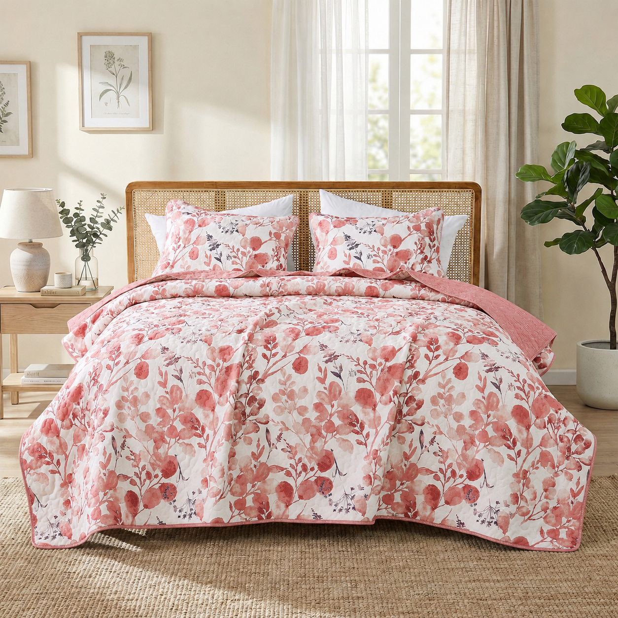 Floral Botanical Garden Style Quilt Bedspread with Sham