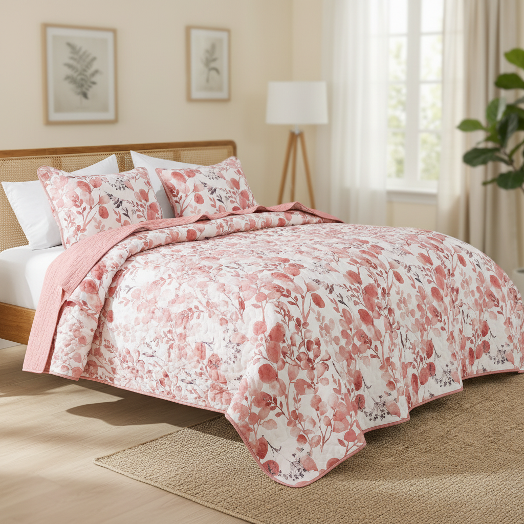 Floral Botanical Garden Style Quilt Bedspread with Sham