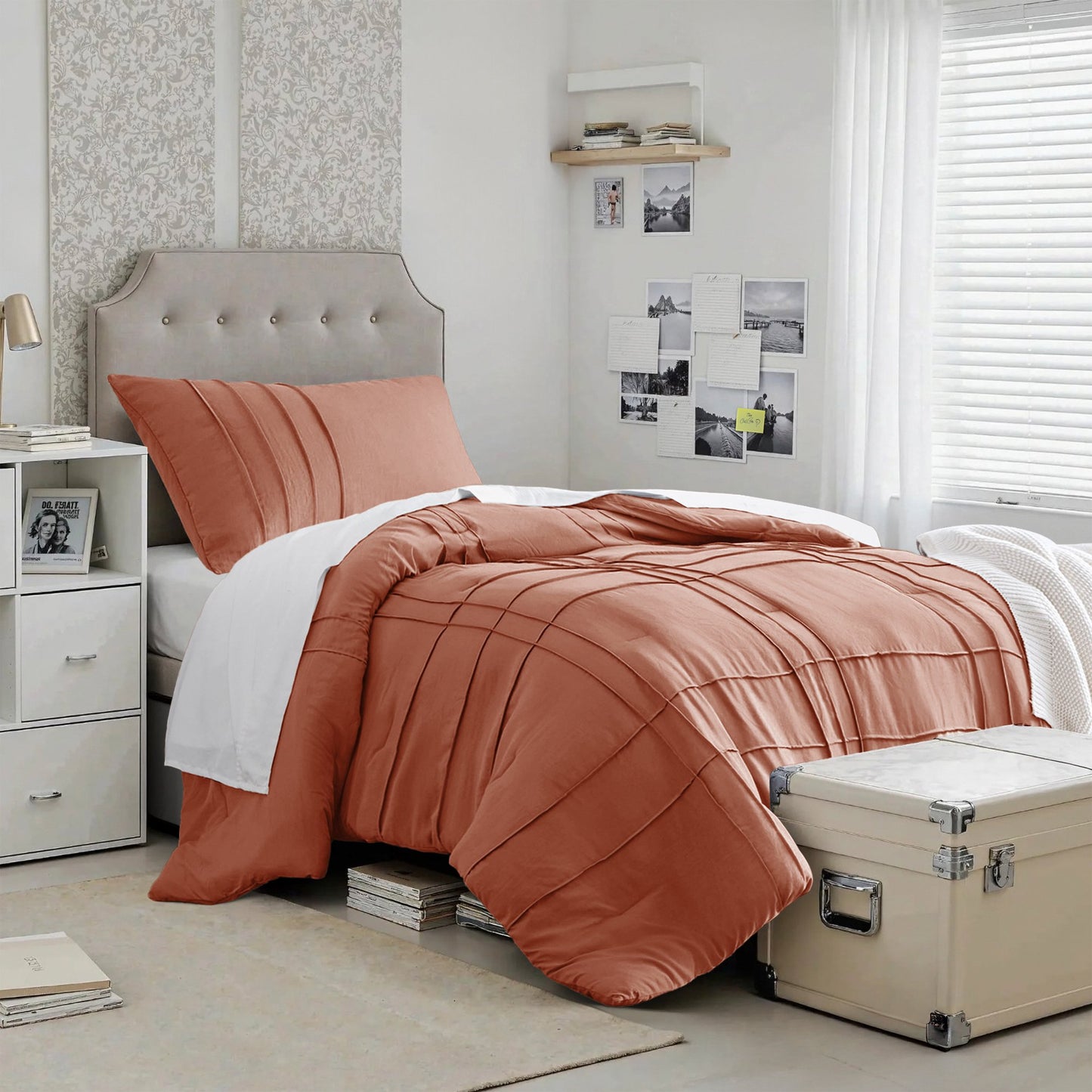 Boho Pintuck Stitching Dorm Bedding Set, Soft Washed Pleated Bed Sets with Pillow Sham