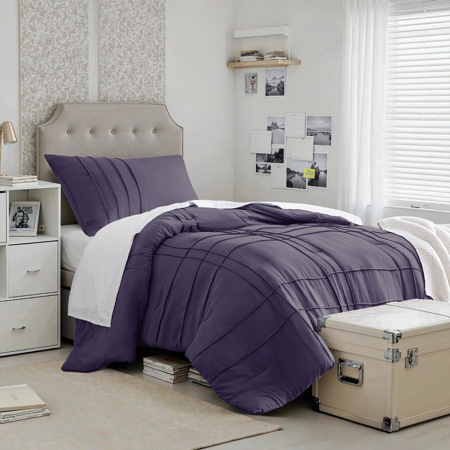 Boho Pintuck Stitching Dorm Bedding Set, Soft Washed Pleated Bed Sets with Pillow Sham