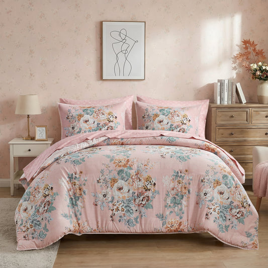 Vintage Floral Bedding Comforter Set with Bed Sheets and Pillowcases for College Dorm