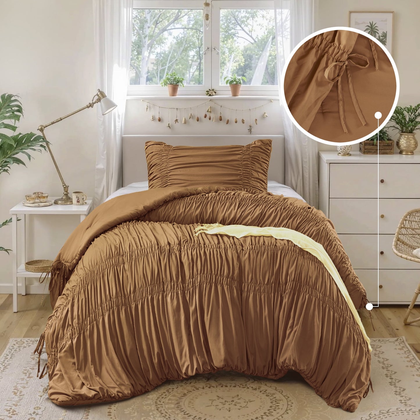 Romantic French Country Ruched Plush Comforter Set with Bow Ties