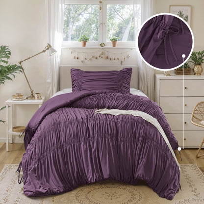 Romantic French Country Ruched Plush Comforter Set with Bow Ties