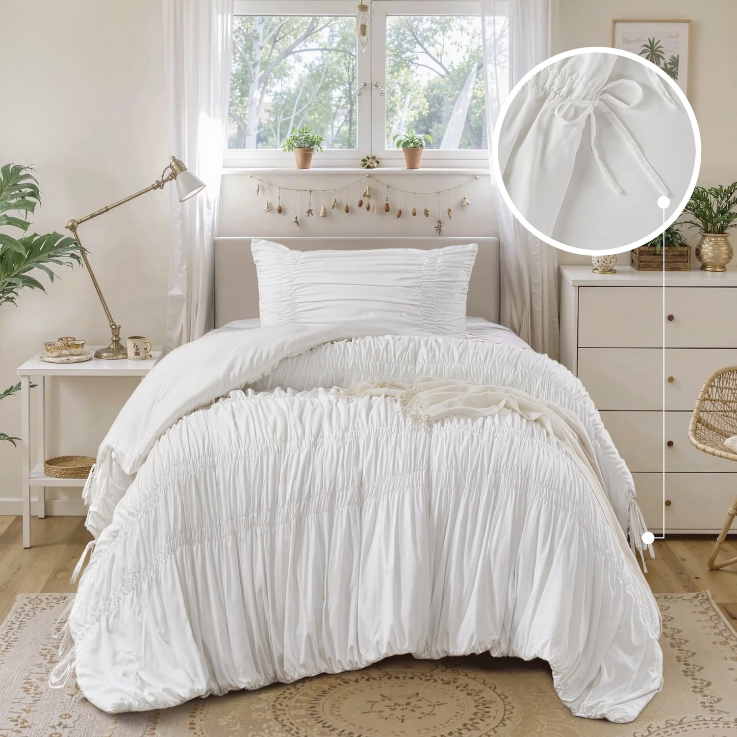 Romantic French Country Ruched Plush Comforter Set with Bow Ties