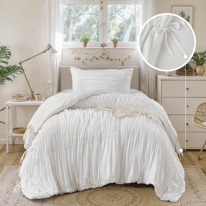Romantic French Country Ruched Plush Comforter Set with Bow Ties