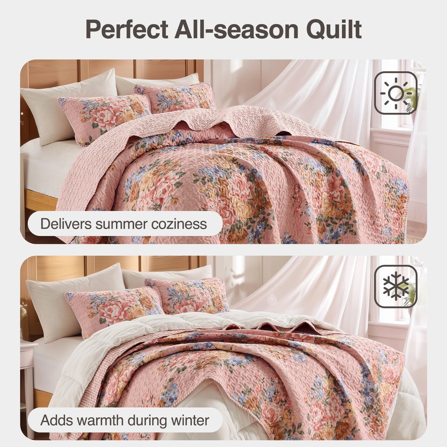 Farmhouse Quilt Set, Vintage Floral Quilt Set with Reversible Beadspread and Shams