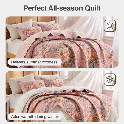 Farmhouse Quilt Set, Vintage Floral Quilt Set with Reversible Beadspread and Shams