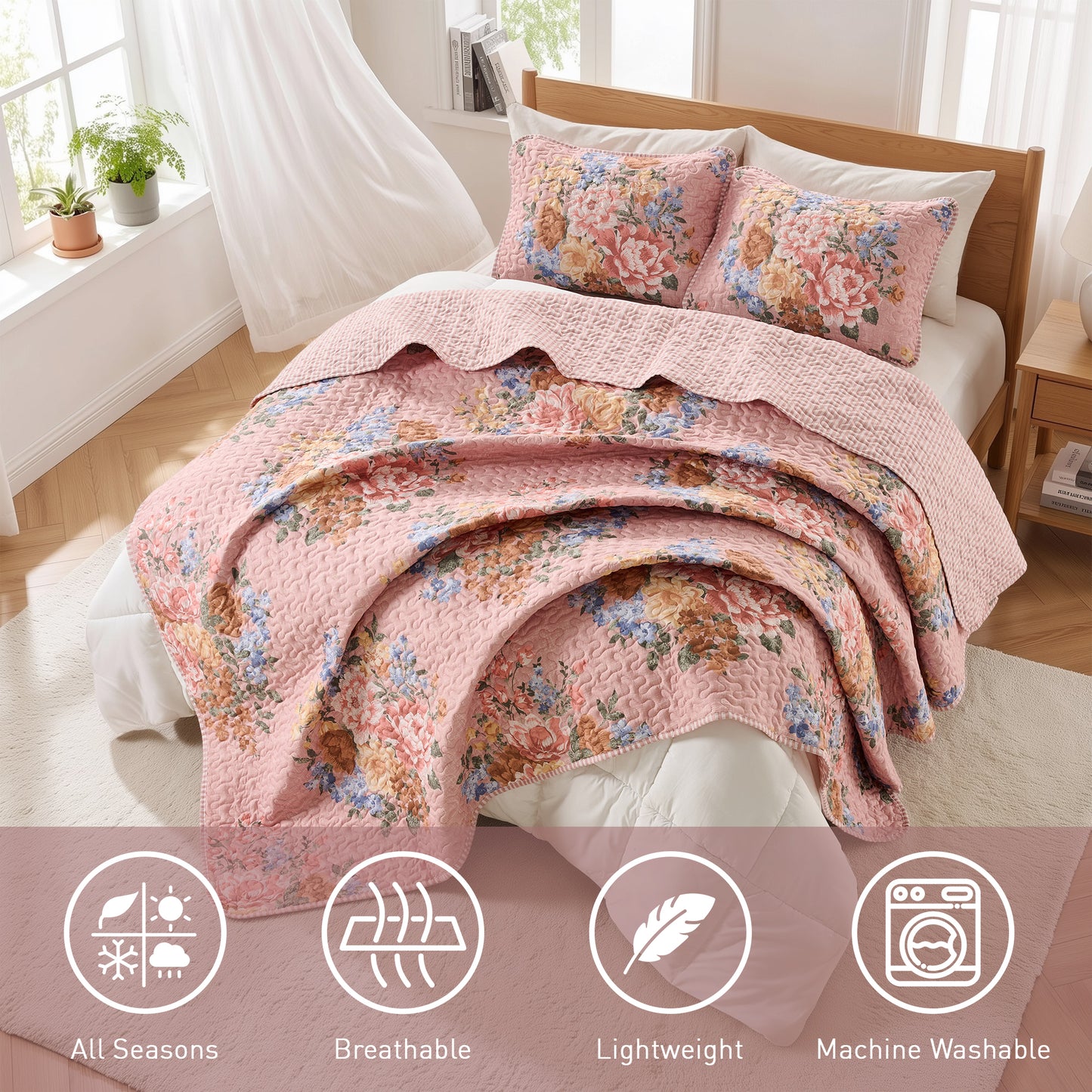 Farmhouse Quilt Set, Vintage Floral Quilt Set with Reversible Beadspread and Shams
