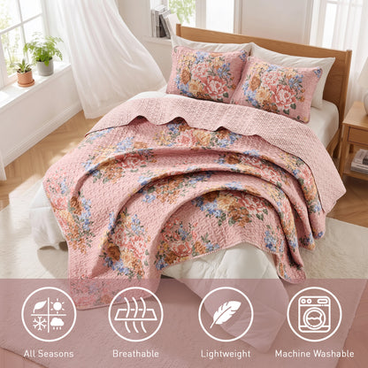 Farmhouse Quilt Set, Vintage Floral Quilt Set with Reversible Beadspread and Shams