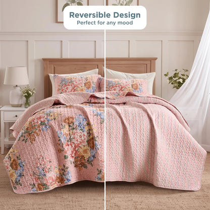 Farmhouse Quilt Set, Vintage Floral Quilt Set with Reversible Beadspread and Shams