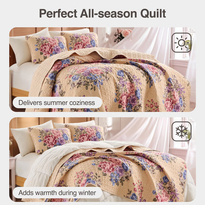 Farmhouse Quilt Set, Vintage Floral Quilt Set with Reversible Beadspread and Shams