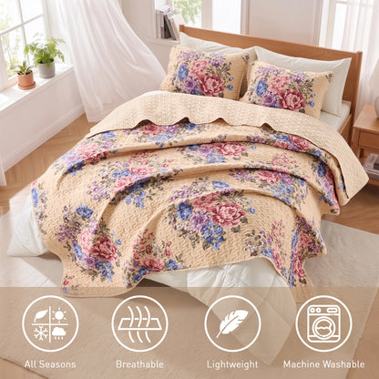 Farmhouse Quilt Set, Vintage Floral Quilt Set with Reversible Beadspread and Shams