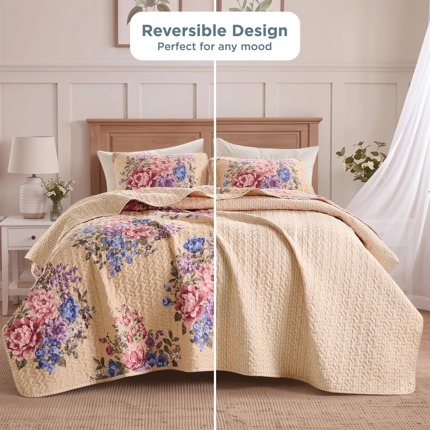 Farmhouse Quilt Set, Vintage Floral Quilt Set with Reversible Beadspread and Shams