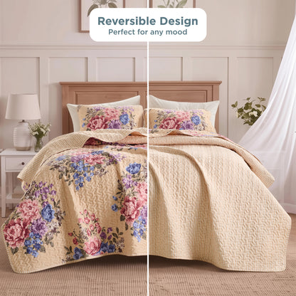 Farmhouse Quilt Set, Vintage Floral Quilt Set with Reversible Beadspread and Shams