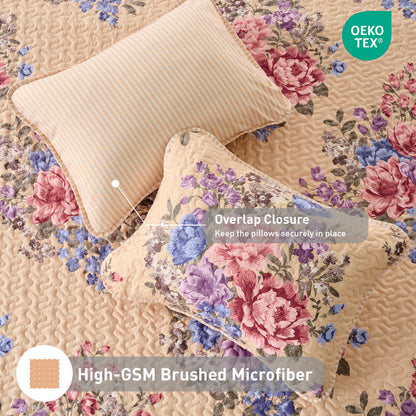 Farmhouse Quilt Set, Vintage Floral Quilt Set with Reversible Beadspread and Shams
